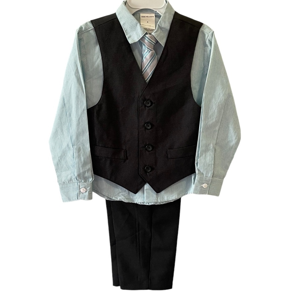 Van Heusen Boys Suit Vest Pants Shirt Tie Set Size 4 black 4 pc‎ set